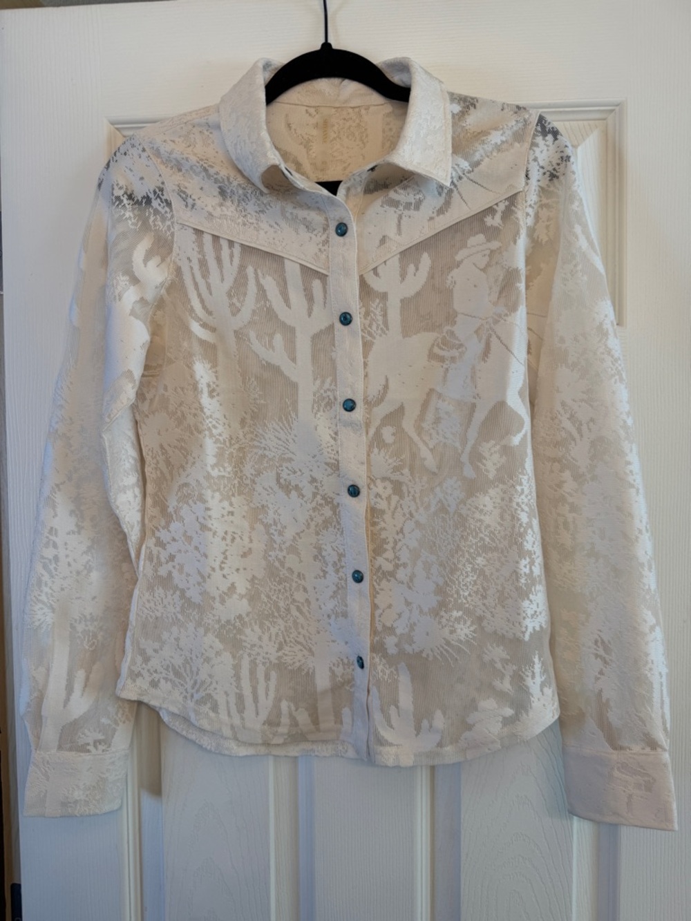 Shyanne Lace Western Snap Shirt Cream Sheer Turquoise Snaps NWOT
